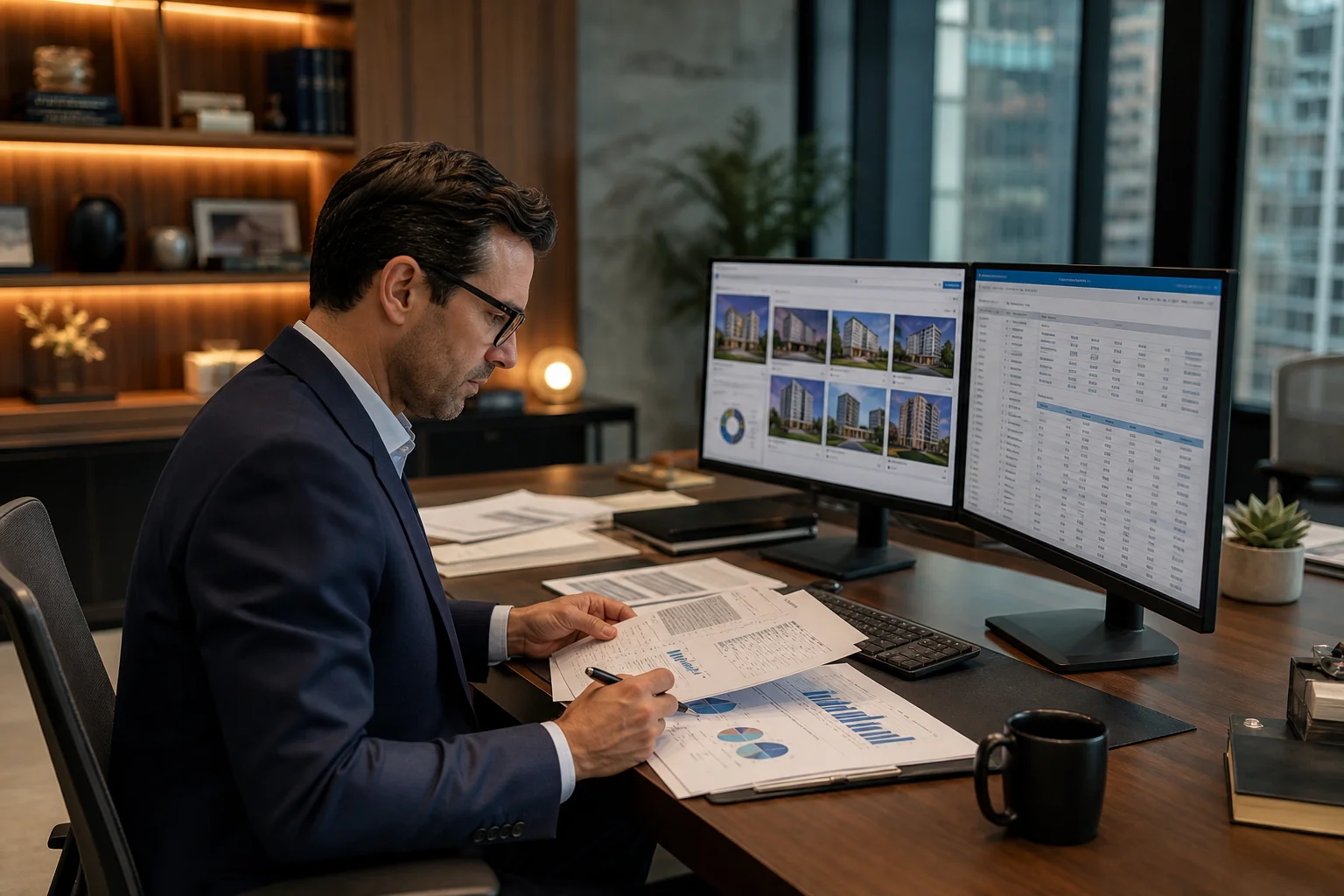 Professional fund manager reviewing REIT accounting and compliance reports on dual monitors in a modern office