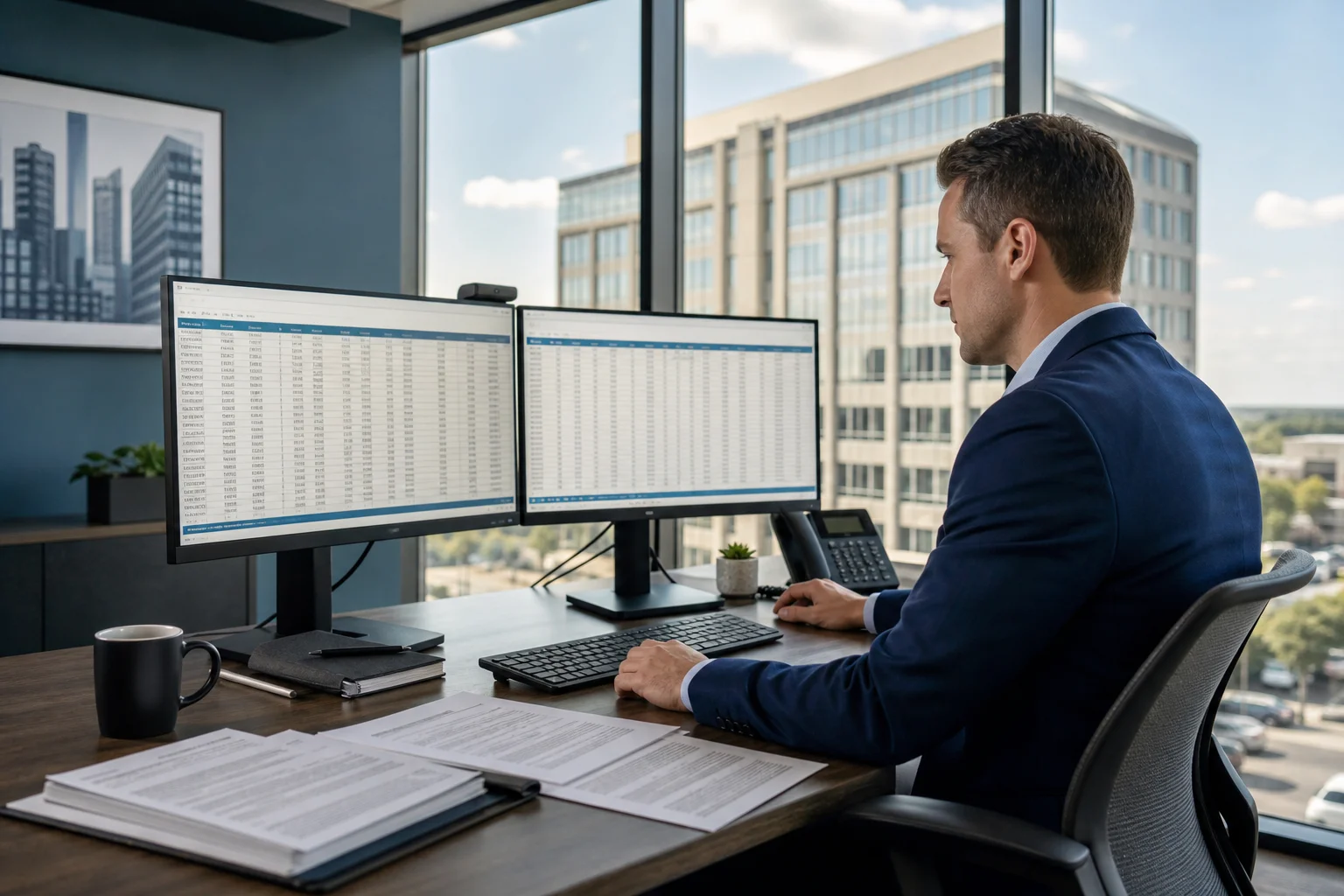 Real estate accountant reviewing a rent roll spreadsheet during property due diligence before closing