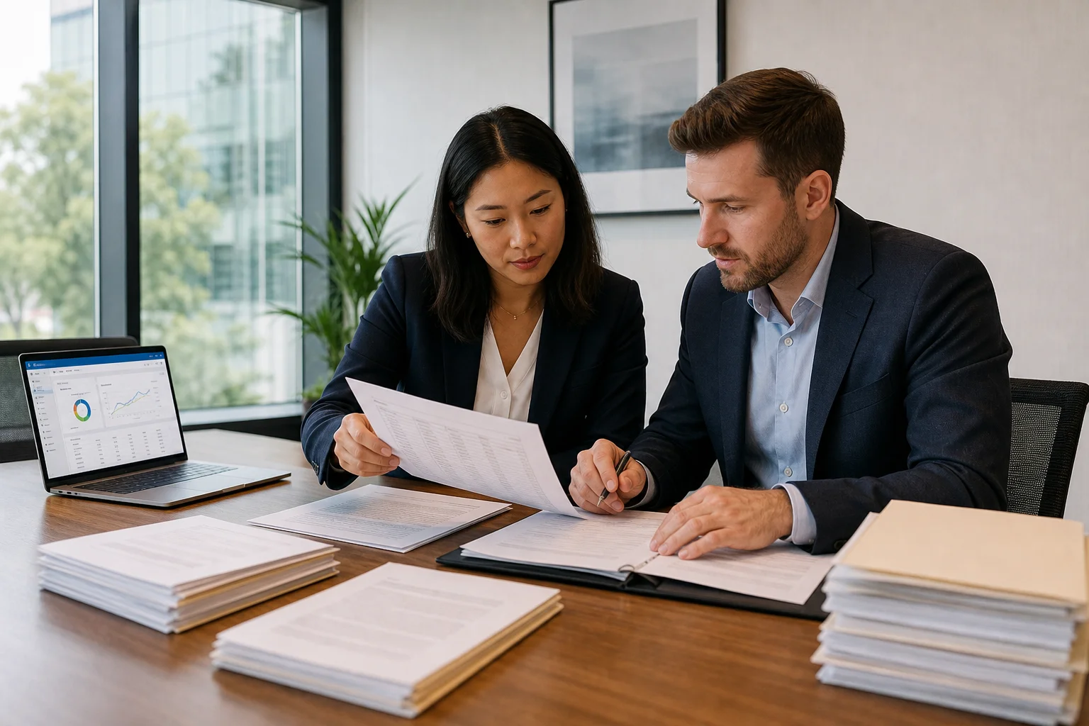 A property manager and financial analyst reviewing lease documents and a rent roll during real estate due diligence