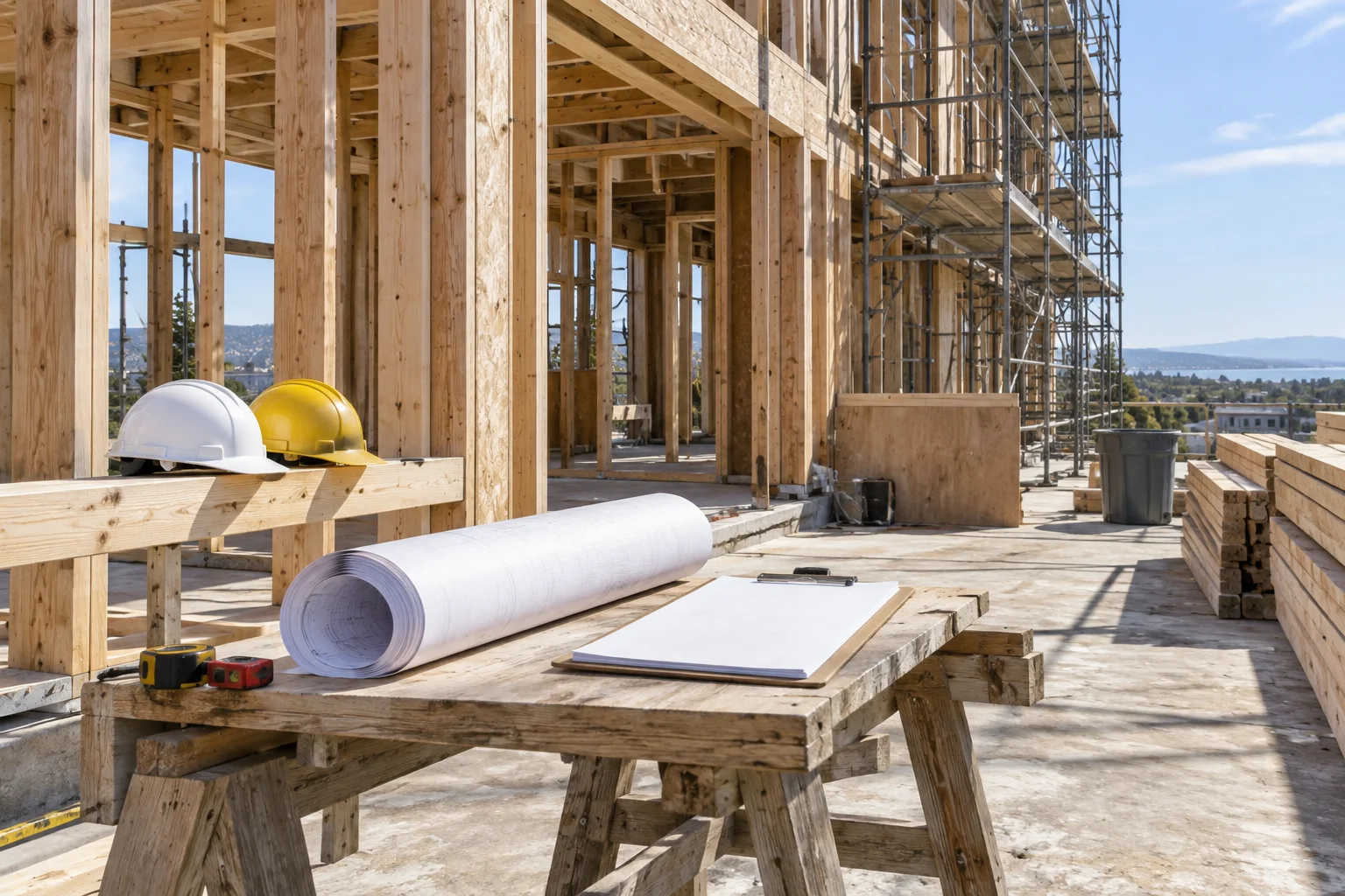 Construction framing and scaffolding representing retainage, change orders and WIP tracking on a builder's job site