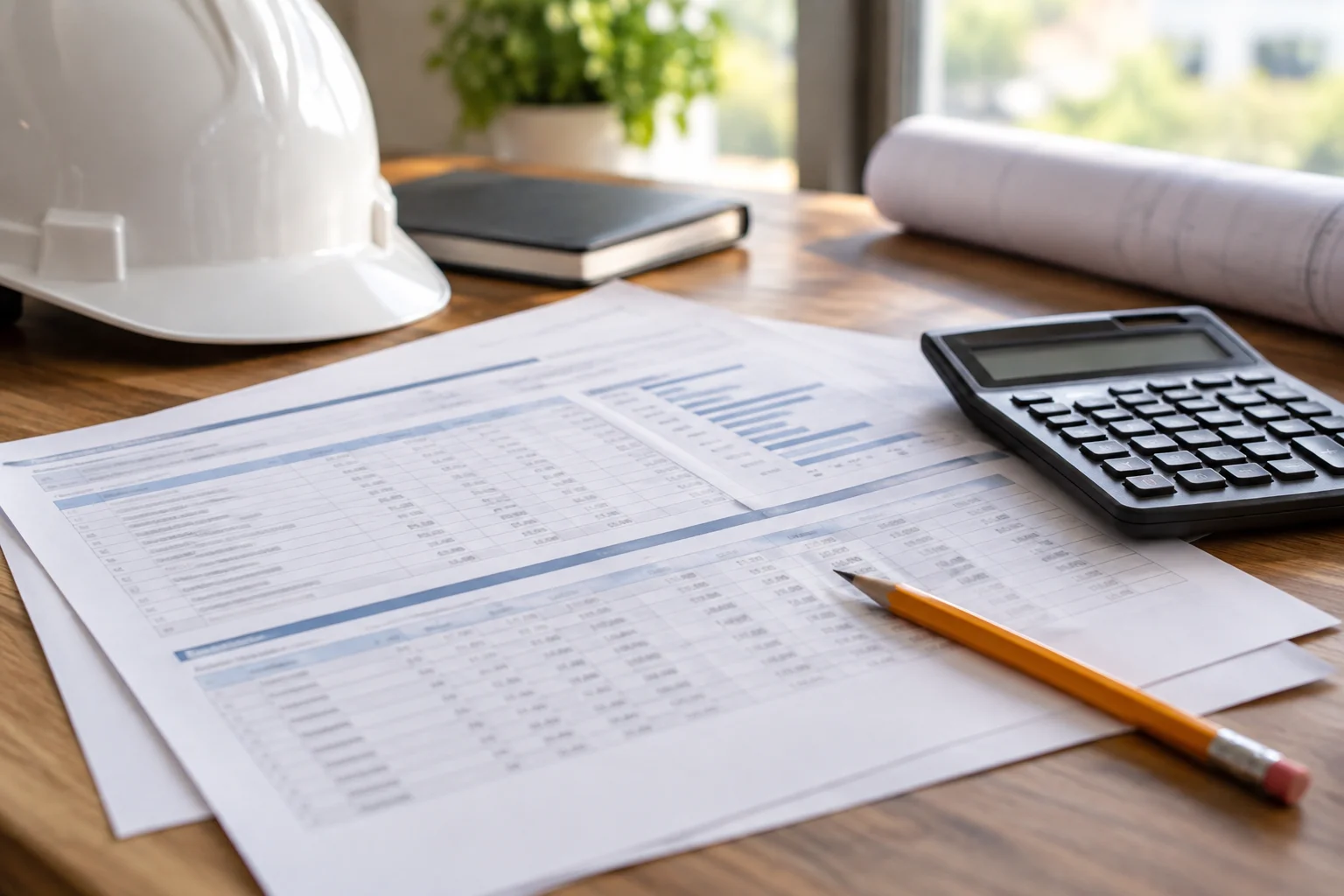 Close-up of a construction WIP schedule and pay application showing costs incurred and percentage completion