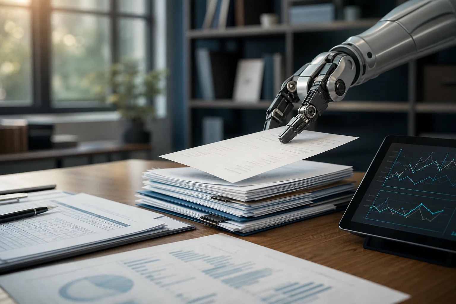 Close-up of real estate accounting documents and automation technology representing RPA vs AI in real estate accounting