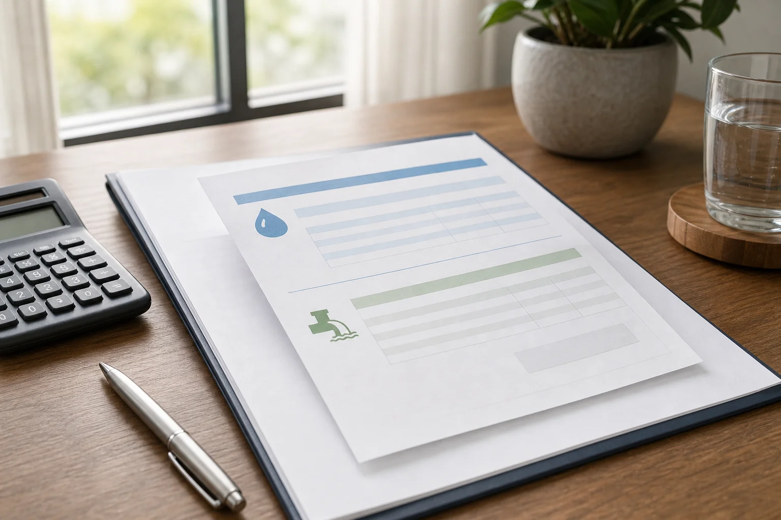 Close-up of a printed utility bill and lease document on a desk representing ratio utility billing allocation calculations