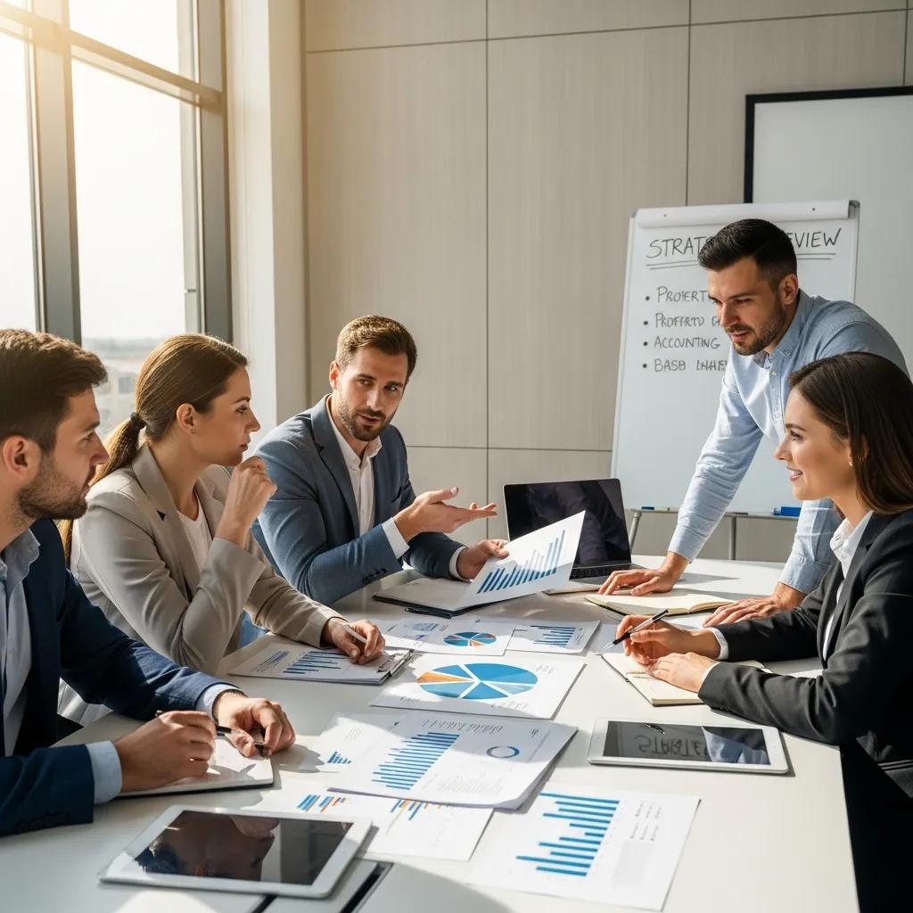 Property management team reviewing financial strategy at a meeting table