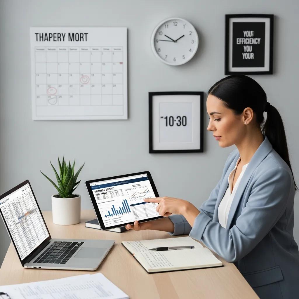 Property manager checking financial reports on a tablet at a desk