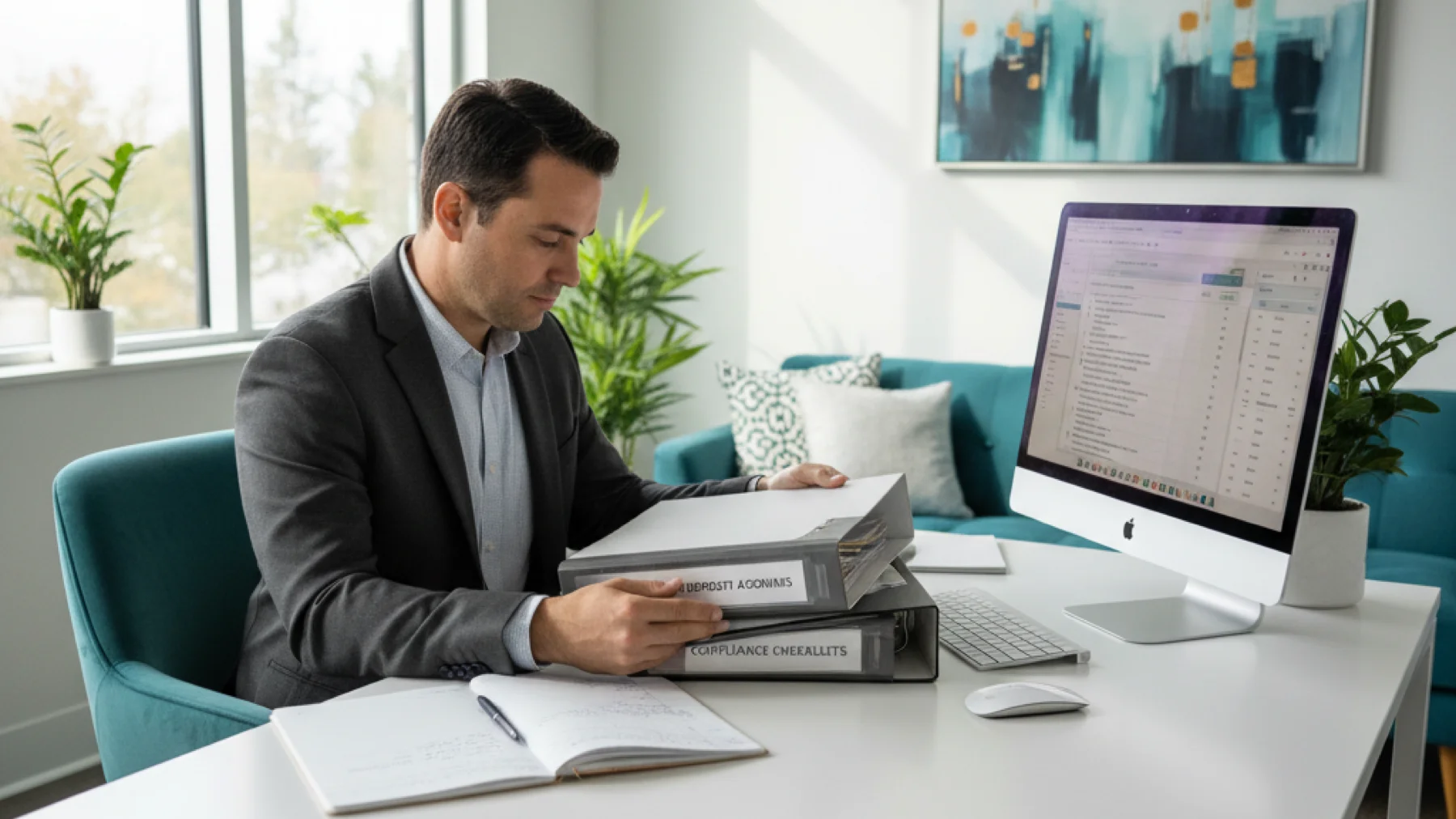 Property manager reviewing security deposit accounting compliance documentation and trust account statements