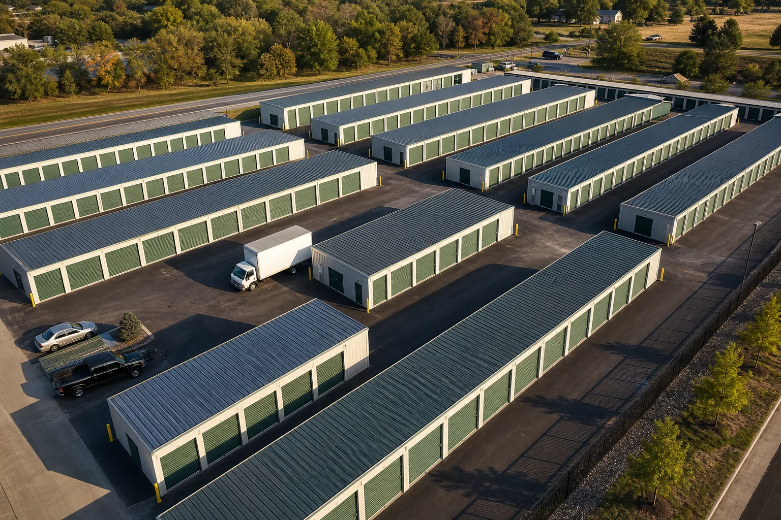 Aerial daytime view of a self-storage facility with rows of unit doors, illustrating self storage accounting for property owners and operators