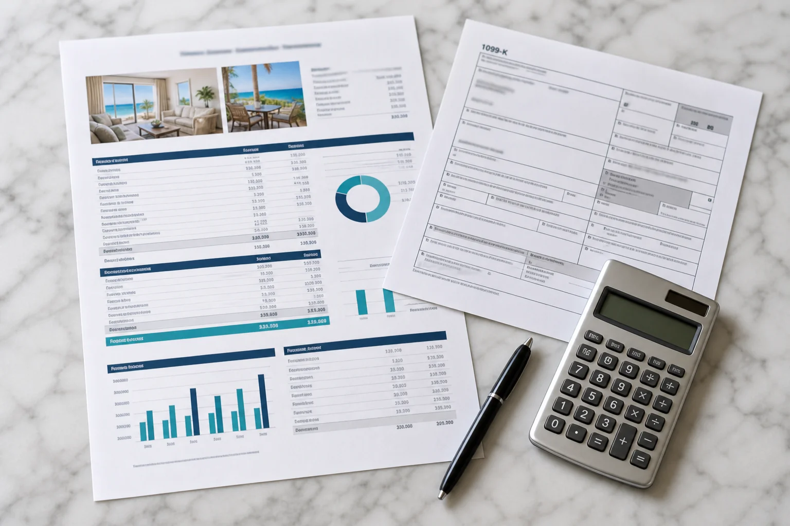 Close-up of vacation rental financial documents including a 1099-K form, itemized cleaning fee statement, and rental payout ledger on a clean marble surface