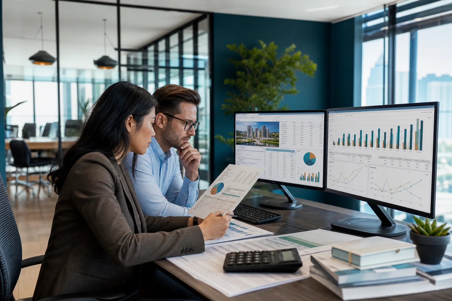Accountants reviewing real estate financial statements and property management reports on dual monitors, illustrating the 12 signs your property management company needs outsourced accounting