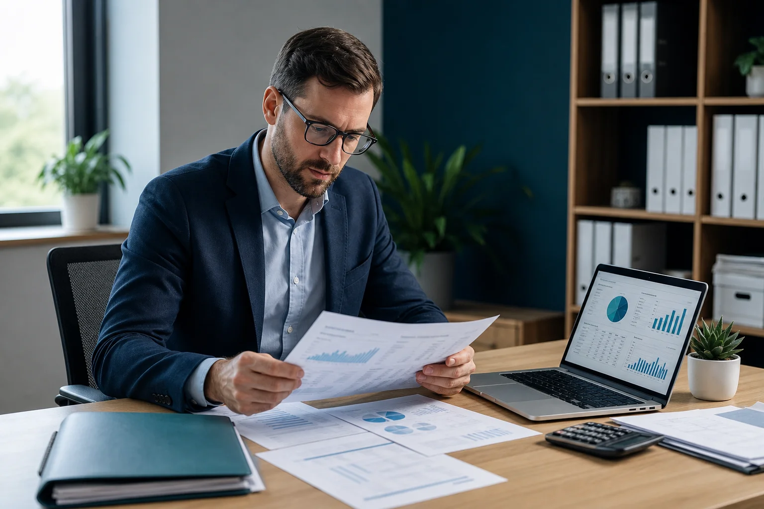 Property manager reviewing financial statements and cash flow reports on dual monitors displaying a property management accounting dashboard in a professional office setting