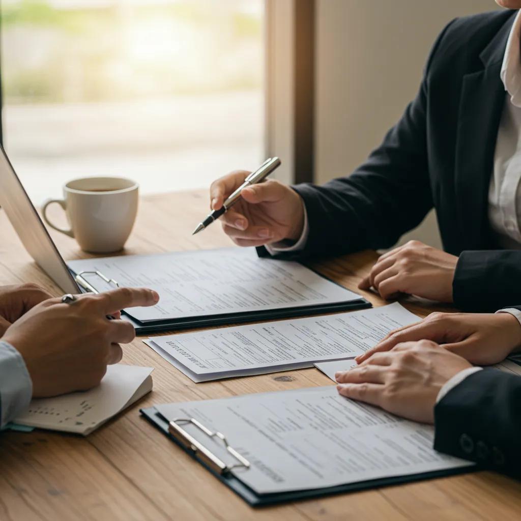 Real estate accountant consulting with property manager over tax documents in a cozy office setting