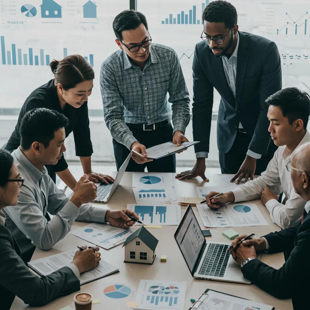 Group of real estate investors collaborating on tax planning strategies in a modern office