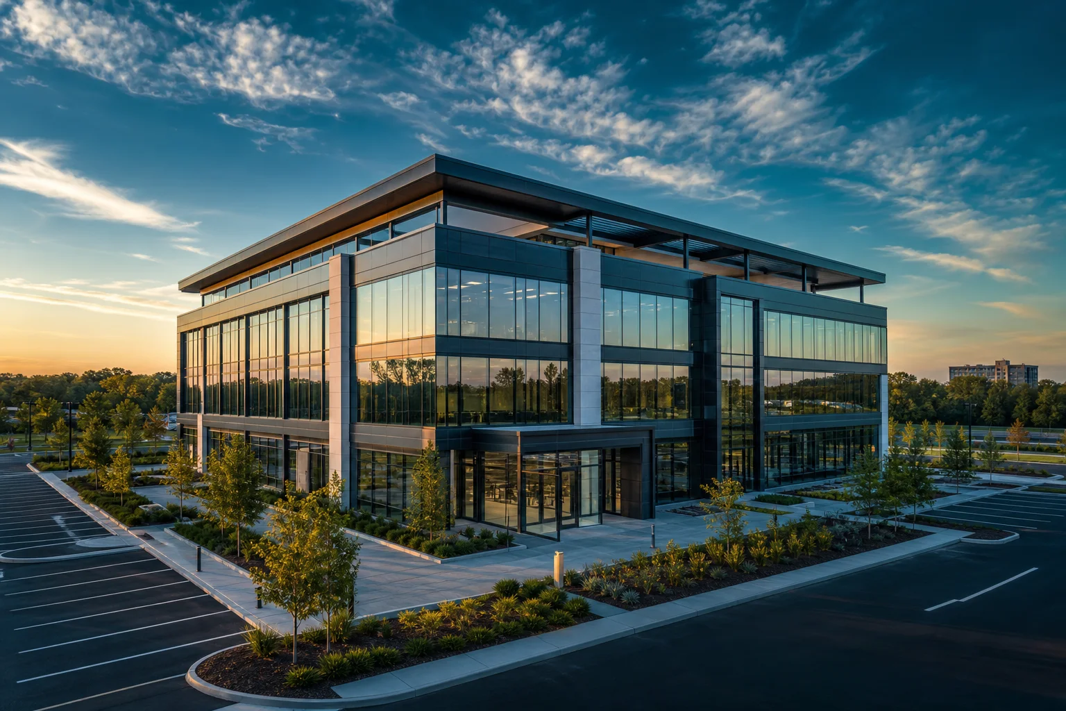 Aerial view of a commercial office property representing straight line rent accounting for landlords