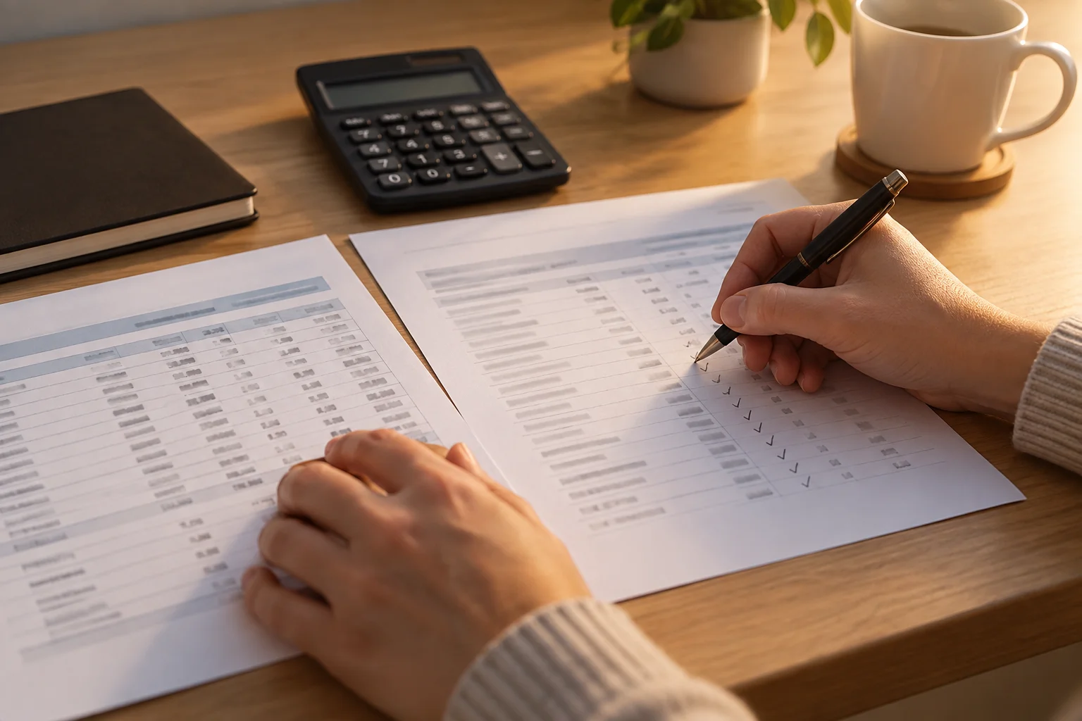 Hands checking line items on a bank statement against a trust ledger printout with a pen