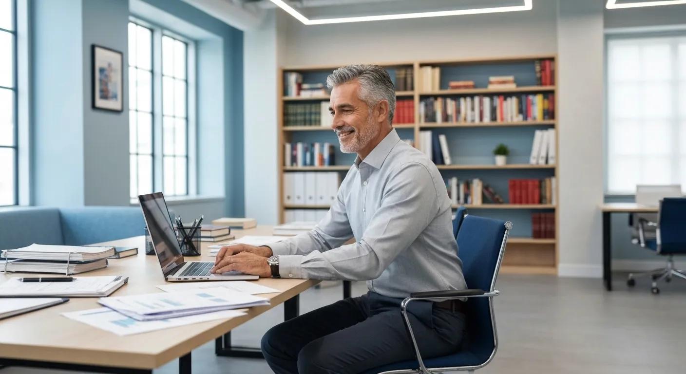 Property manager confidently managing AppFolio bookkeeping in a modern, organized office space