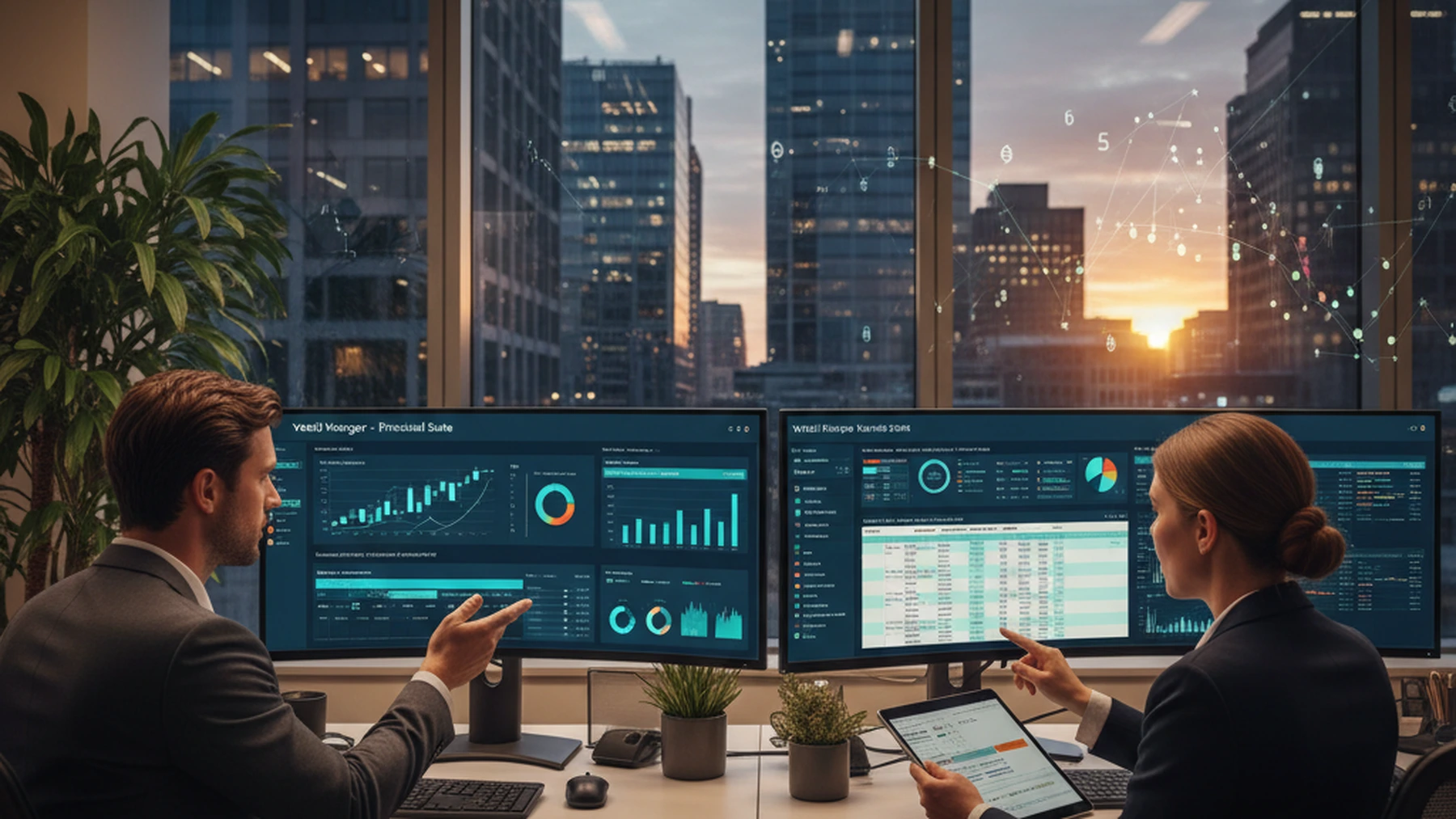 Two accountants reviewing Yardi property management dashboards on dual monitors at sunset