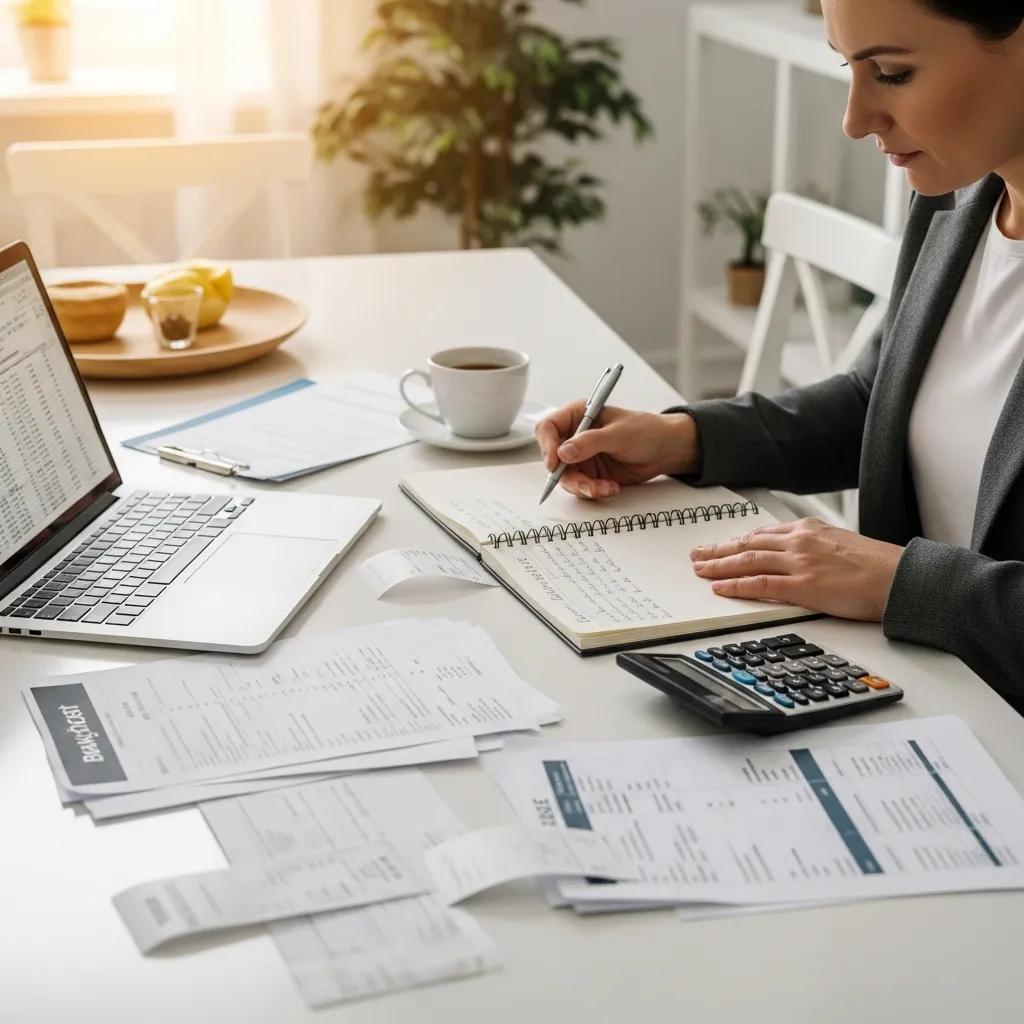 Landlord reviewing financial documents with a calculator and laptop on a dining table